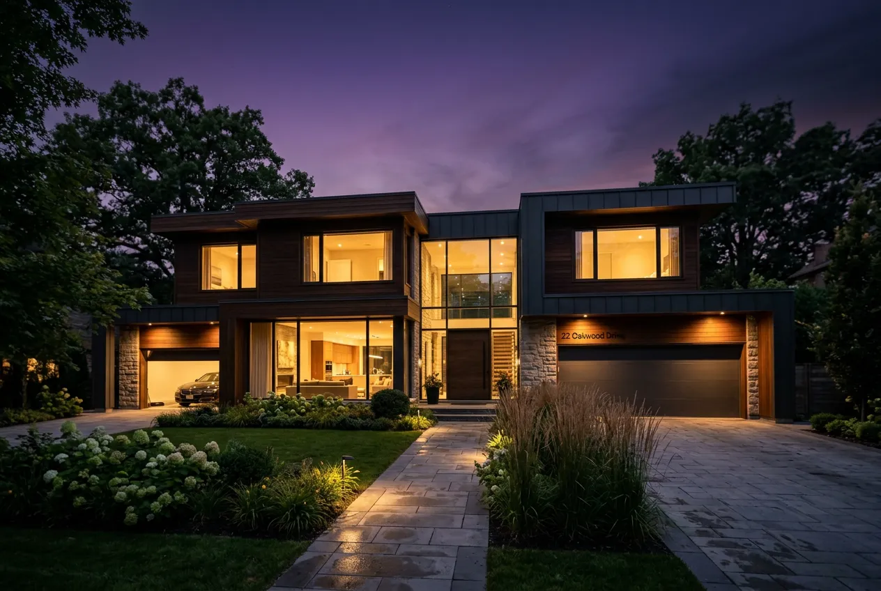 A calm, well-kept modern home glowing warmly at dusk