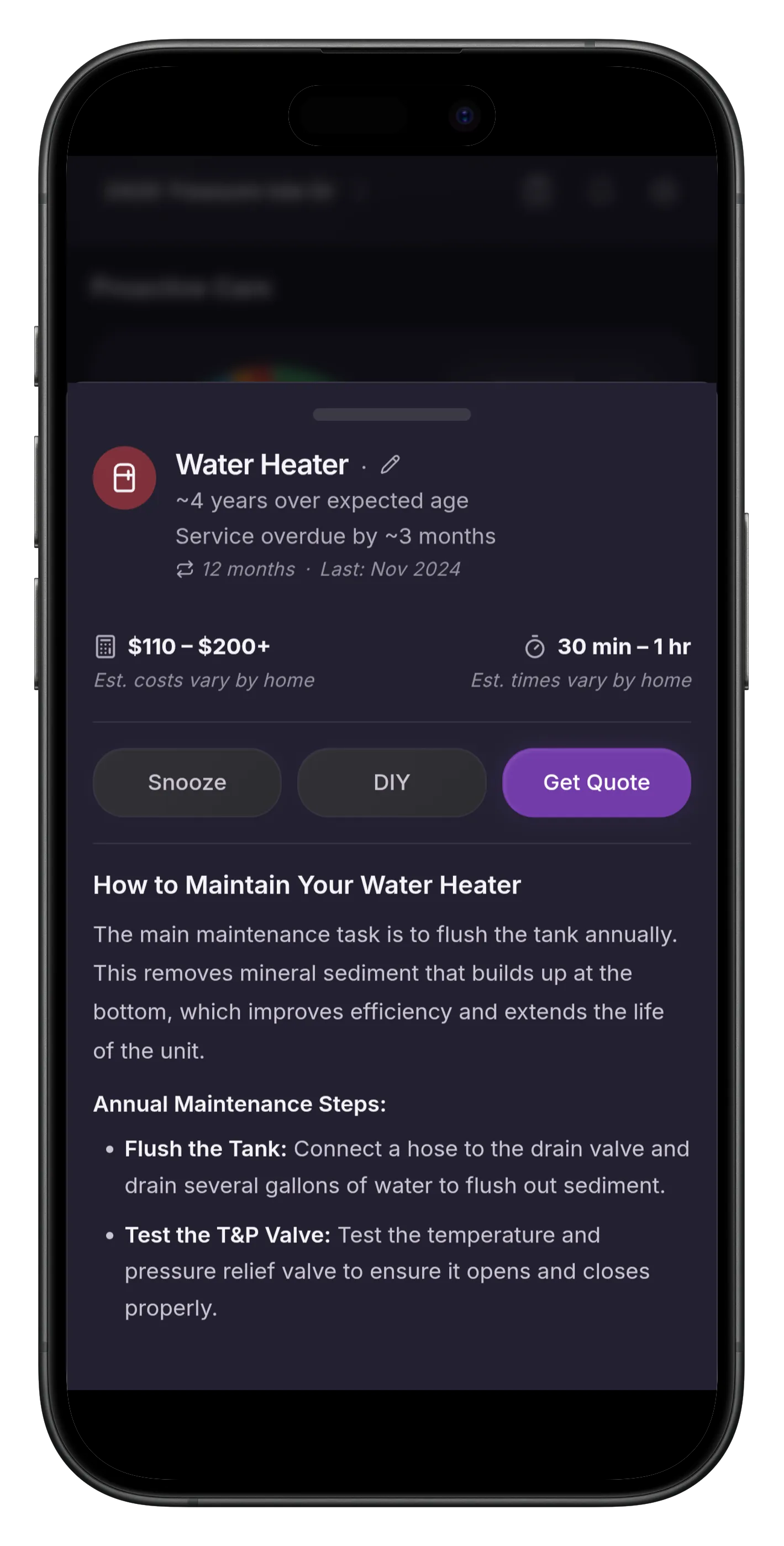 The Huxedo app showing a scheduled home service job ready for a pro to quote