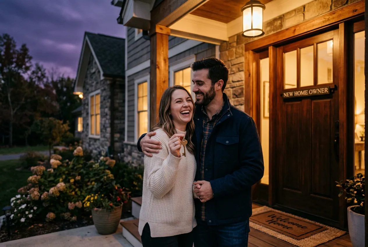 A happy new-homeowner couple holding keys outside their new home