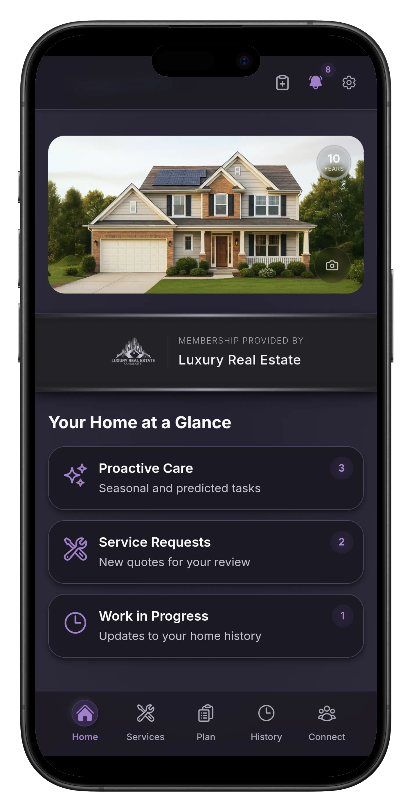 The Huxedo app home screen showing your home at a glance