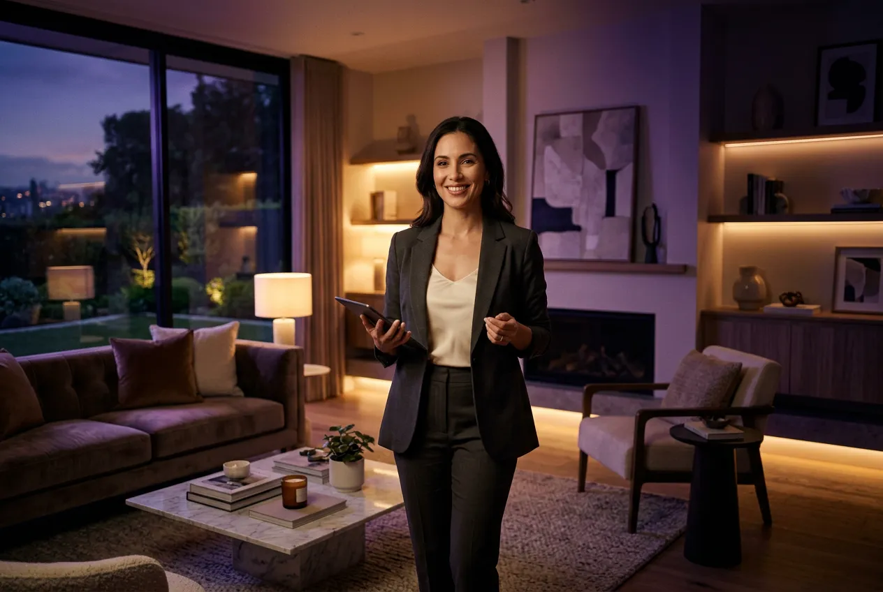 A confident real estate agent in a beautifully staged modern home