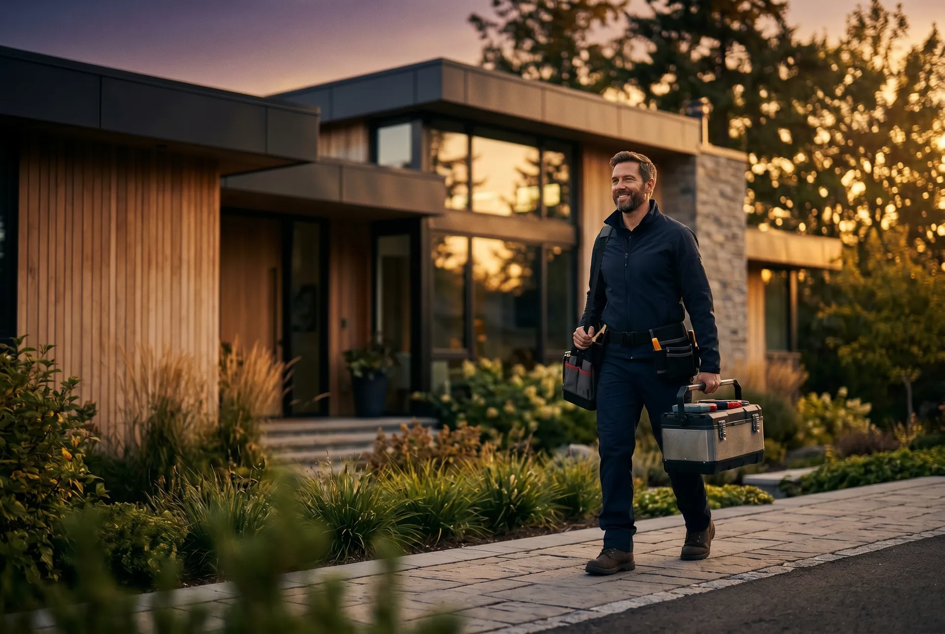 A confident service pro arriving at a modern home with a toolbox