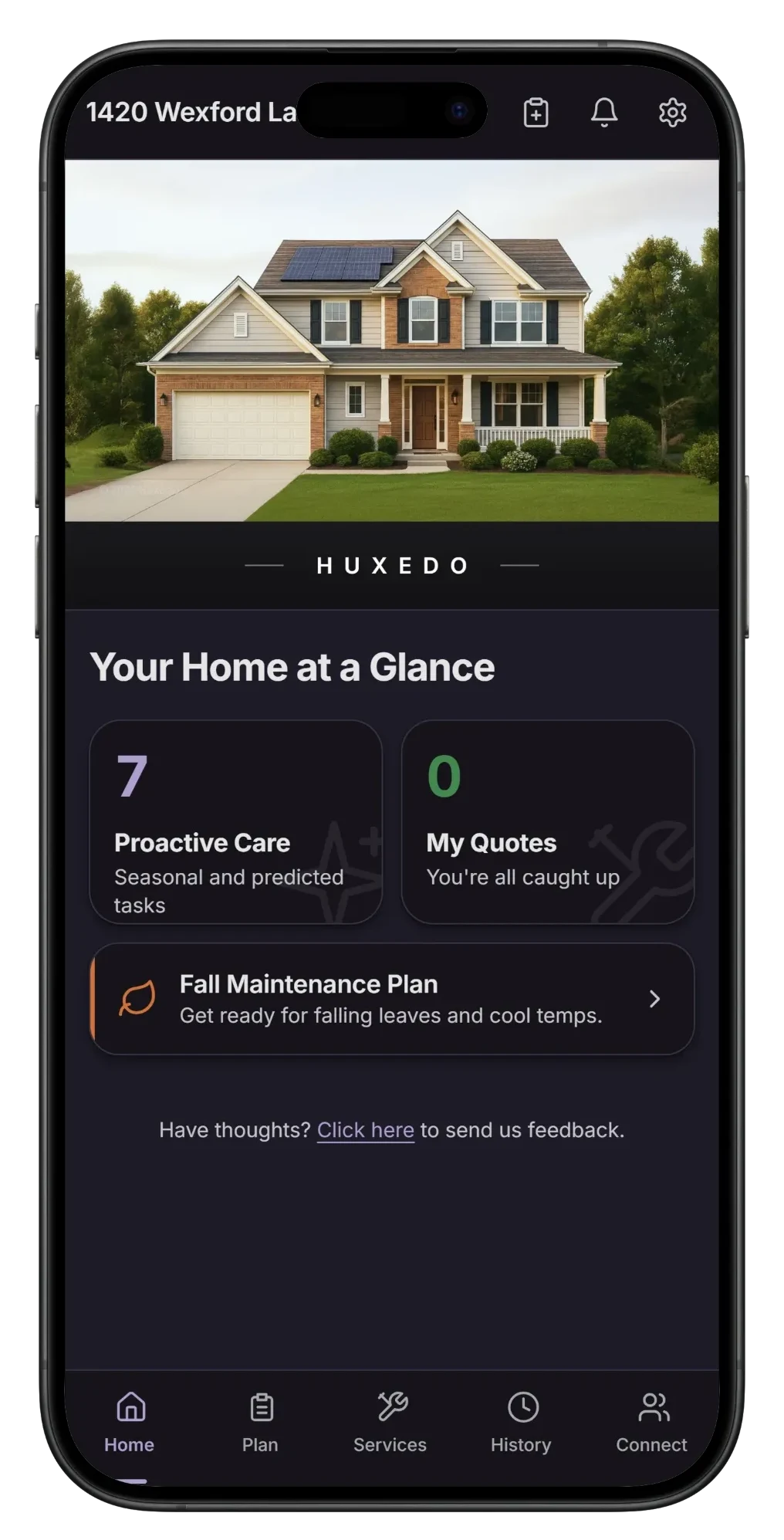 The Huxedo app home screen showing your home at a glance