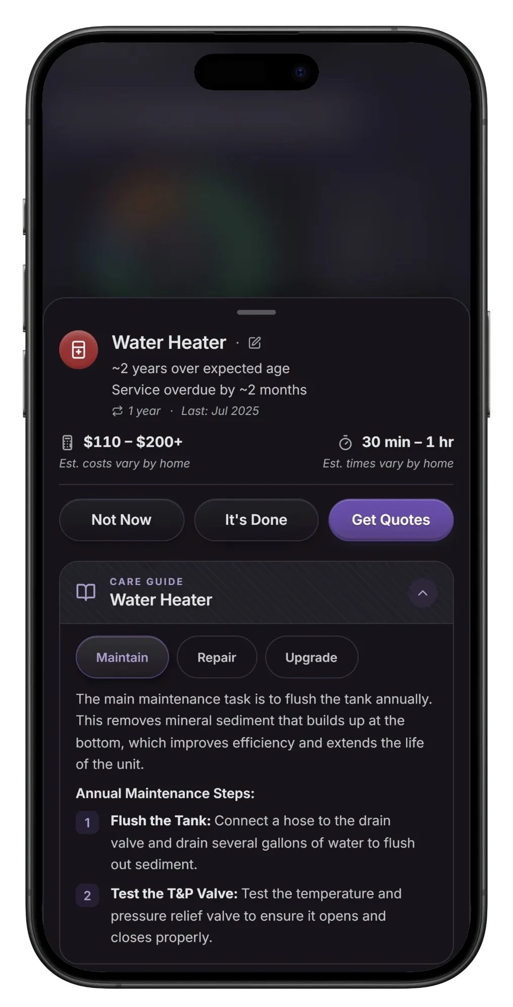 The Huxedo app showing a scheduled home service job ready for a pro to quote