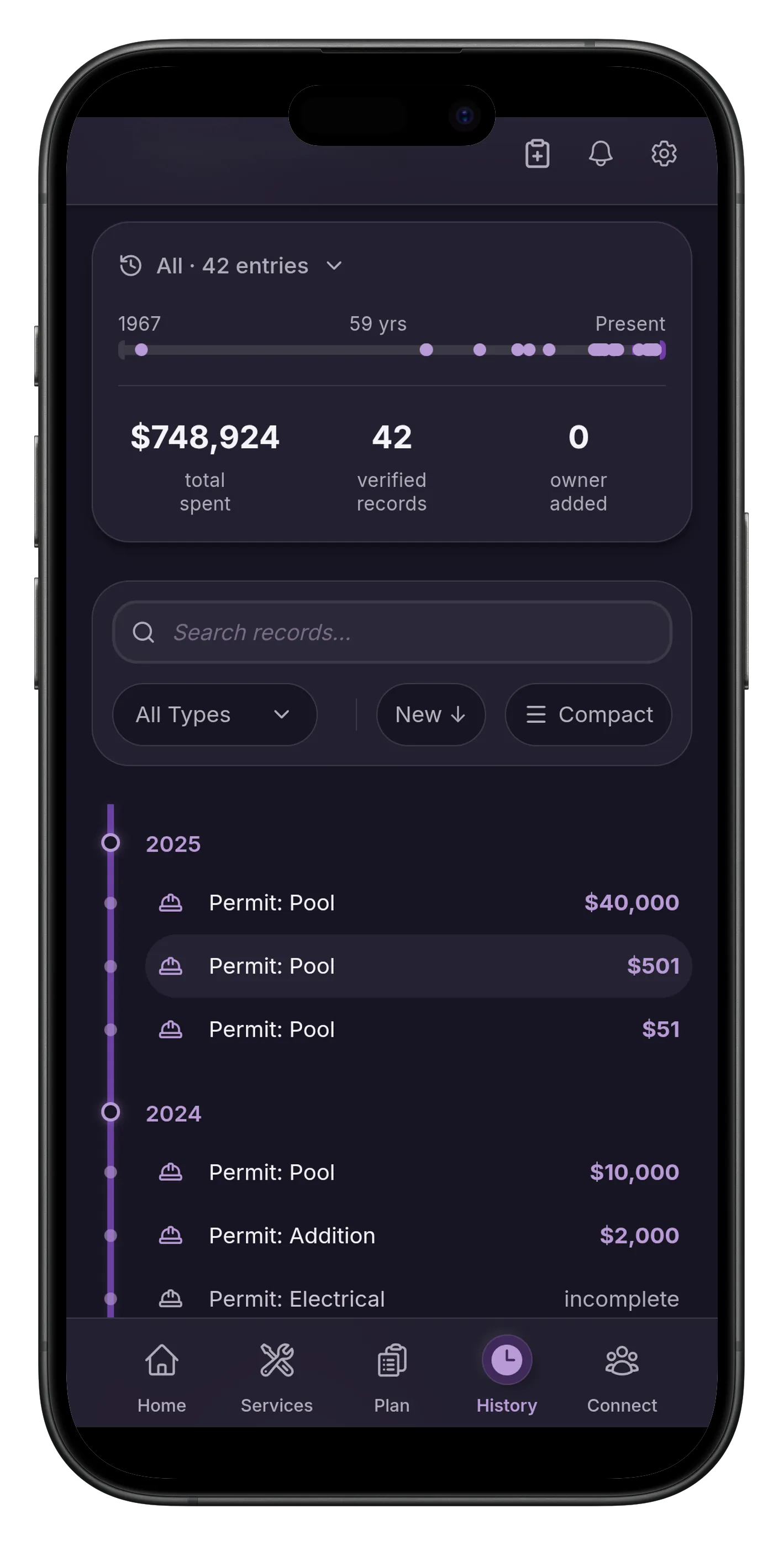 The Huxedo app showing a home's verified service history on a timeline
