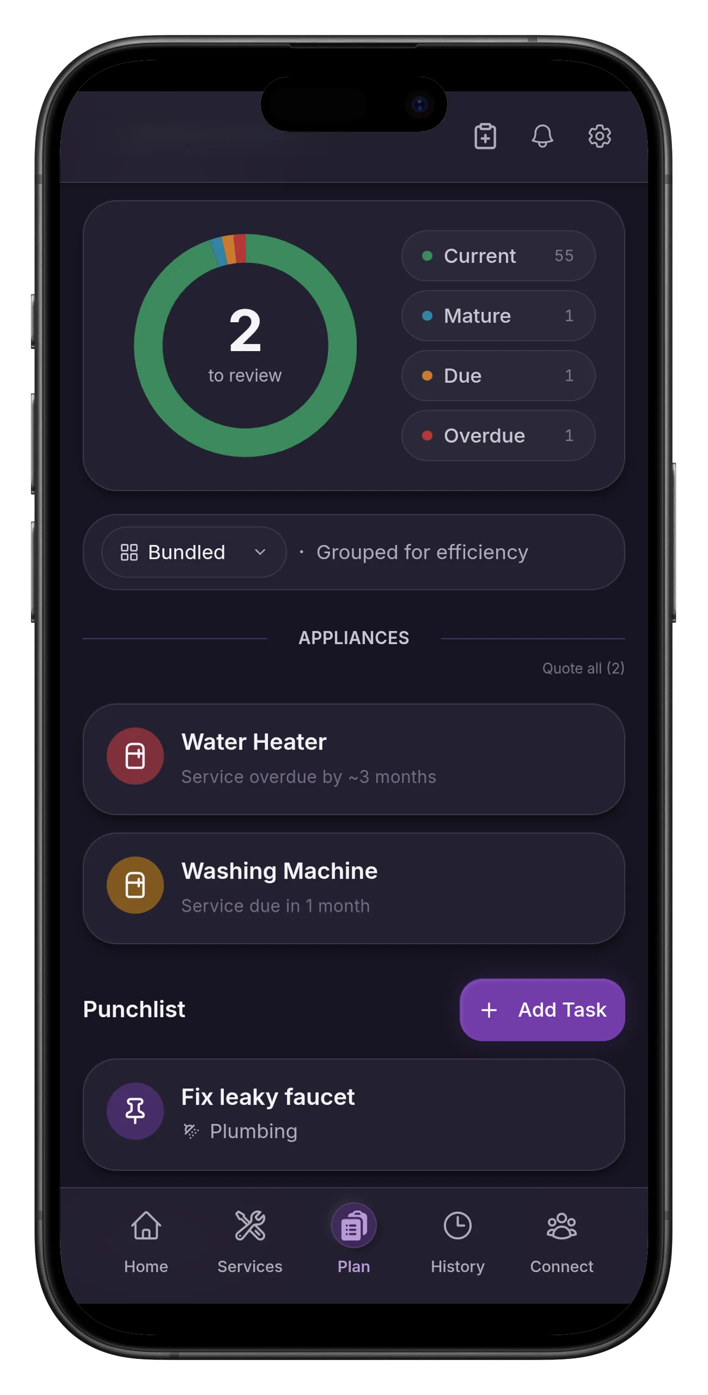 The Huxedo app showing predicted maintenance tasks bundled for efficiency
