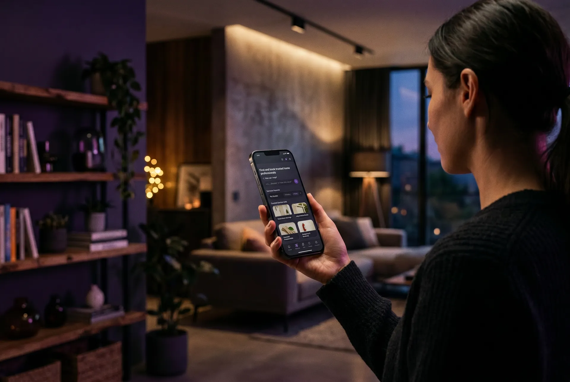 A homeowner using the Huxedo app to find and book trusted home professionals