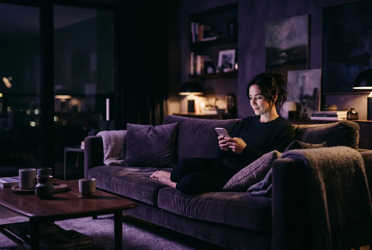 A homeowner relaxing on the sofa, calmly checking their phone