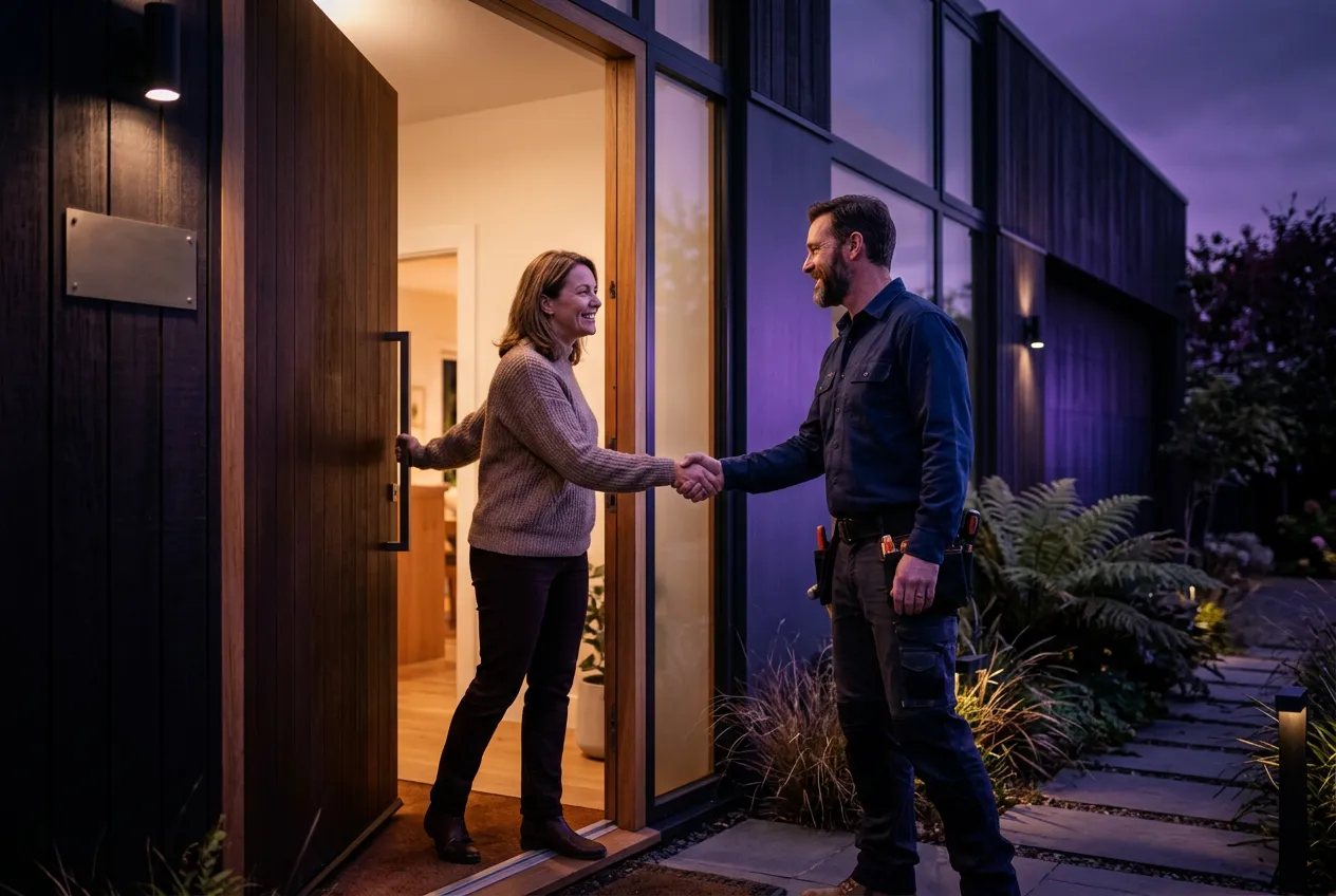 A tradesperson shaking hands with a homeowner at the front door